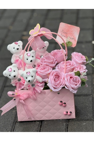 Acilbirbuket Pembe çantada pembe gül ve ayıcık yapay