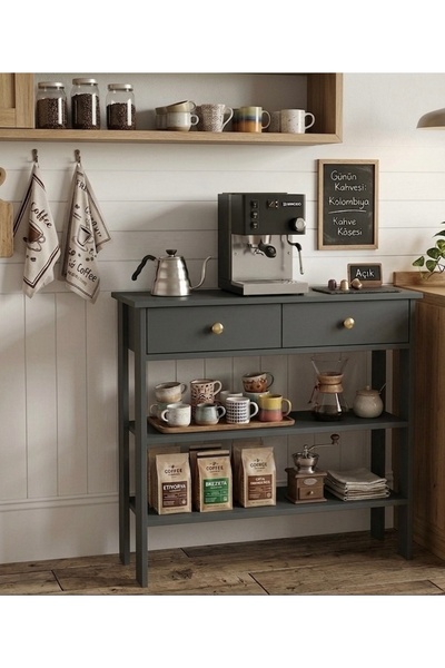 MANDOSİ 90 Cm Çift Çekmeceli Kahve Köşesi Çok Amaçlı Dolap Mutfak Dresuar Ant...