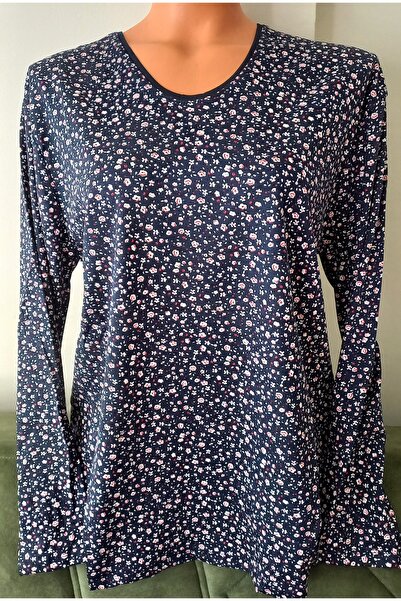 Anne بلوزة من القطن الممشط بنمط مزخرف بأكمام طويلة وياقة على شكل حرف V مزينة ...