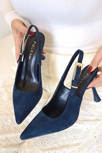 POLKA STORE Saint Gold Metal Buckle Detailed Pointed Toe Navy Blue Suede Stil...