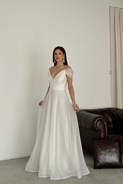 MyLoore Γυναικείο Λευκό Ασημί Μακρύ Βραδινό Φόρεμα – Φόρεμα Αποφοίτησης, Λαμπ...