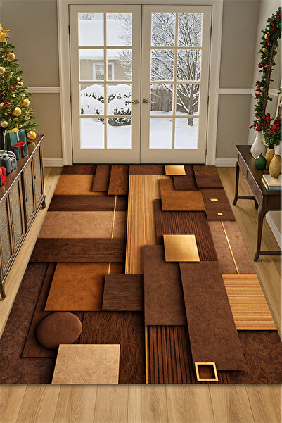 Kessy Home Studio Kahve Ceviz Tonlu Geometrik Desenli Dijital Baskı Kaymaz Ta...