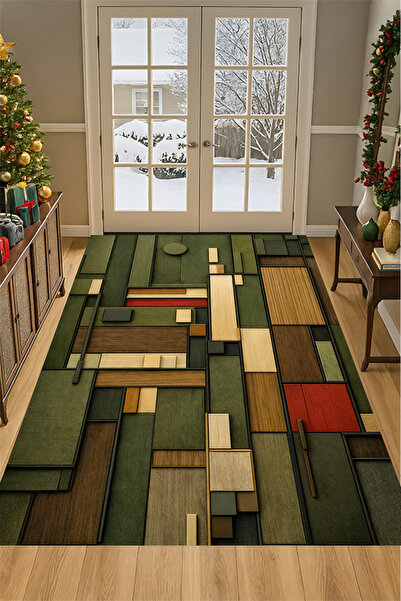 Kessy Home Studio Haki Yeşil Ahşap Tonlu Geometrik Desenli Modern Dijital Bas...