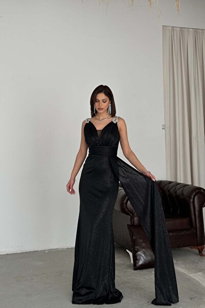 MyLoore Γυναικείο Μαύρο Βραδινό Φόρεμα με Λεπτομέρεια Ασημένιας Λάμψης και Πέ...