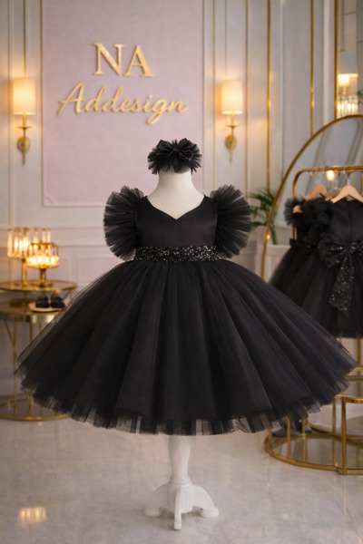 NA ADDESIGN Κοριτσίστικο Μαύρο Βραδινό Φόρεμα – Φόρεμα με Μανίκια από Τούλι, ...