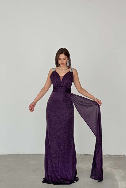 MyLoore Kadın Mor Kuyruk Detaylı Simli Abiye Elbise – Taş Askılı Gece Elbises...
