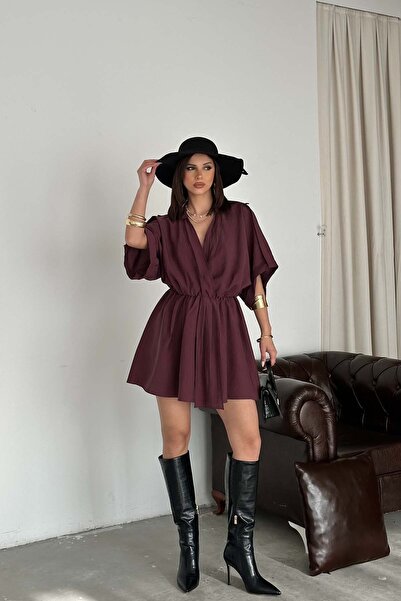 MyLoore Rochie mini de damă, modală, bordeaux, cu decolteu în V, cu talie str...
