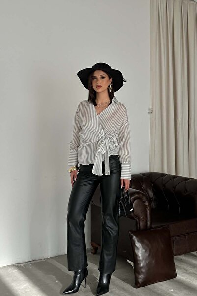 MyLoore قميص نسائي مخطط بلون إكرو بربطة عنق مزدوجة الصدر - مقاس كبير بقصة مري...