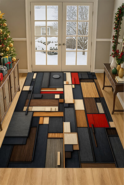 Kessy Home Studio Antrasit Ahşap Tonlu Geometrik Desenli Modern Dijital Baskı...