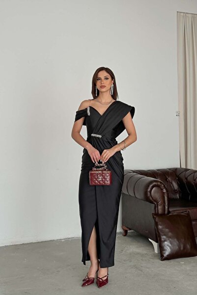 MyLoore Γυναικείο μαύρο μακρύ βραδινό φόρεμα με ντραπέ σχέδιο – Κομψό φόρεμα ...