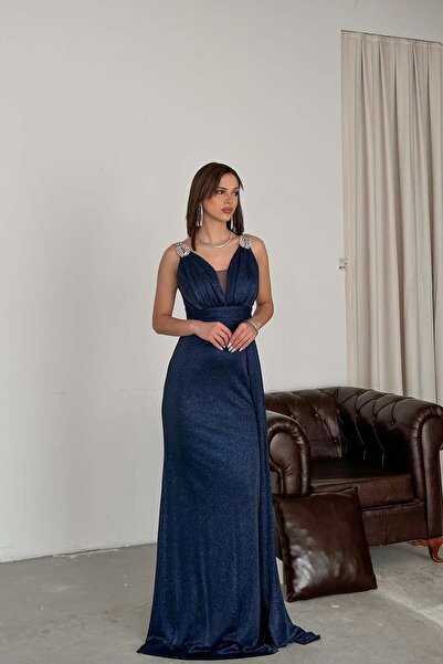 MyLoore Women's Navy Blue Tail Detailed Glittering Evening Dress – Stone Stra...