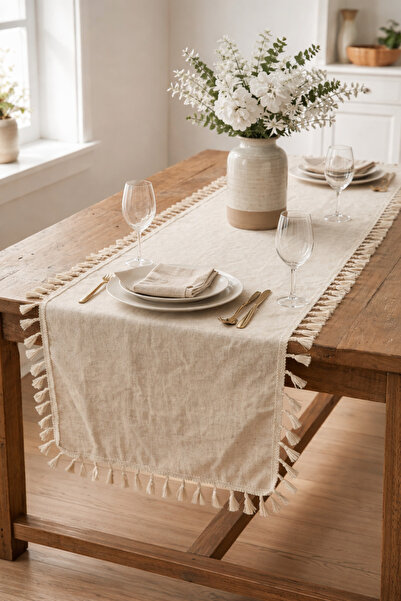 ŞAH TEXTILE DESIGN Premium Genuine Washed Linen Runner with Tassels 40X110