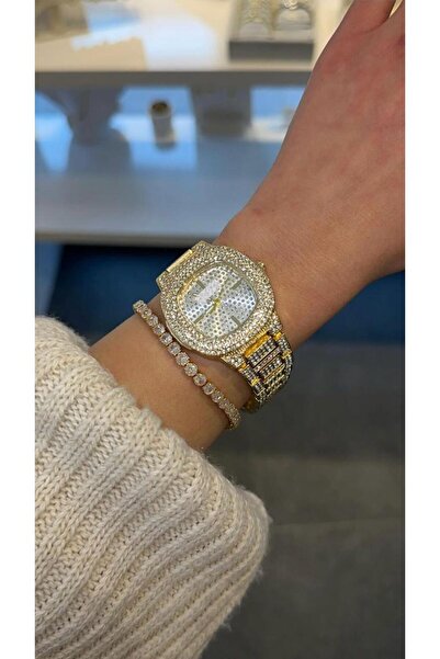 GLARE JEWELRY CO Luxury Full Zircon Stone Round Dial Gold Band Stainless Stee...