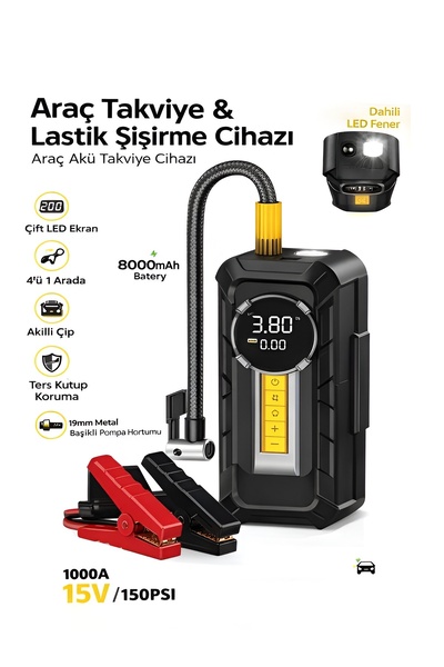 DEANB 8000mAh 1000A Akü Takviyeli Kompresör 150 PSI Çift Dijital Ekran LED Fe...
