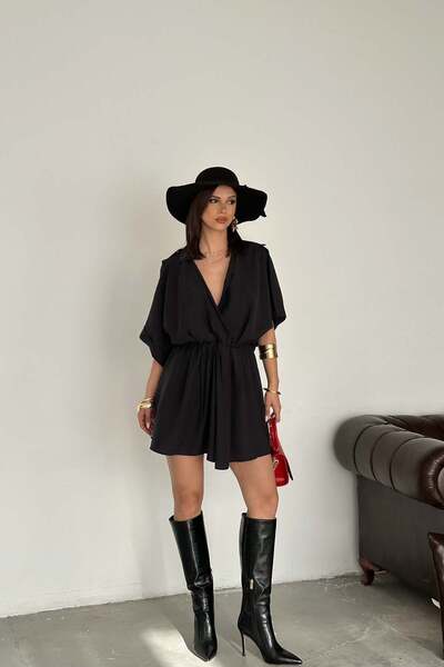 MyLoore Rochie mini neagră, modală, cu decolteu în V, cu talie strânsă, croia...