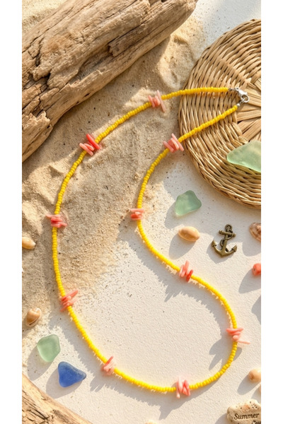Medusa Accessories Pink Coral Stone Beach Necklace with Yellow Glass Sand Bea...