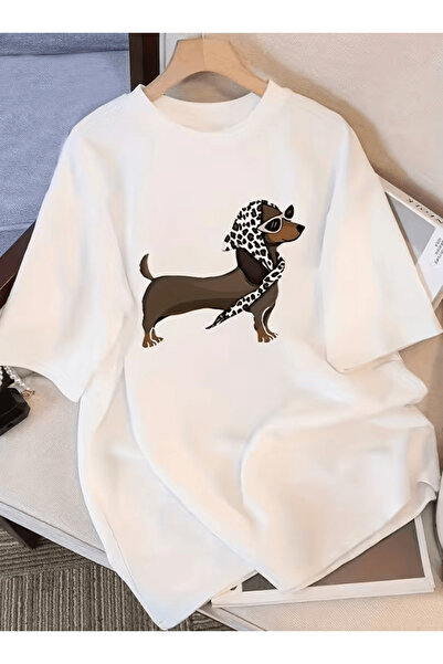 one button تي شيرت كبير الحجم مطبوع عليه كلب يرتدي قبعة