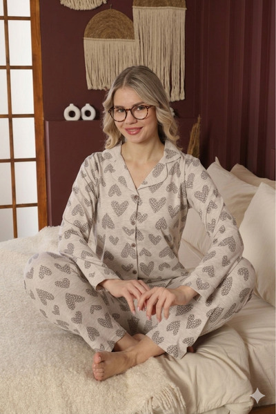 Defkay Cotton Stretch Fabric Buttoned Women's Pajama Set - Home Wear & Lounge