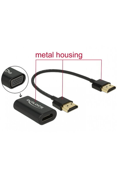 DELOCK HDMI to VGA adapter T-M metal housing + HDMI cable 15cm, 65667