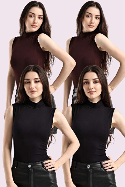 Trend Sizde Women's Black Brown 4-Piece Half Turtleneck Basic Bodysuit