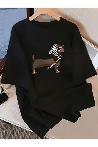 one button تي شيرت كبير الحجم مطبوع عليه كلب يرتدي قبعة