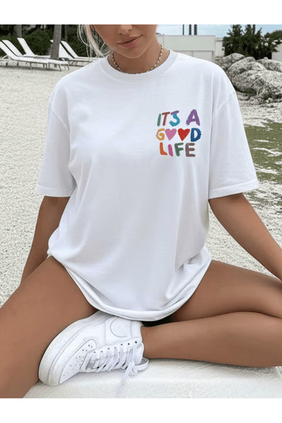 one button تي شيرت ميني إتس أ جود لايف مطبوع بمقاس كبير وعالي الجودة