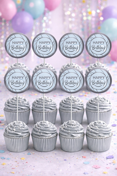 Baloncu Dede Μπλε Ασημί Καρφίτσα Τούρτας Happy Birthday 16 Τεμάχια Χρυσό Διακ...