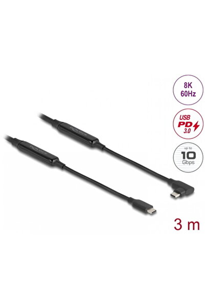 DELOCK Cablu activ USB 10 Gbps tip C 8K60Hz/PD 60W E-Marker drept/unghi 3m, 8...