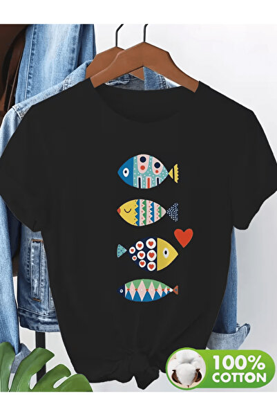 one button 4 قطع من تيشيرتات كبيرة الحجم مطبوعة بطبعة سمكة لطيفة