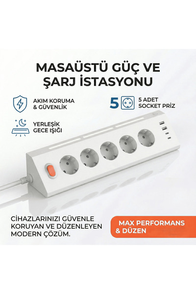 asua 5'Lİ Gece Lambalı Priz Akım Gerilim Korumalı Çoklu Priz 2XUSB 2XType-C Ç...