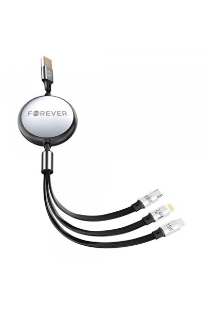 Forever USB-A to Lightning / 2 x USB-C 3-in-1 Charging Cable, 100W, 1.2m, Black