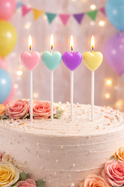 Baloncu Dede Kalp Mum Pasta Mumu 4 Adet Pastel Renkli Kalp Şekilli Doğum Günü...