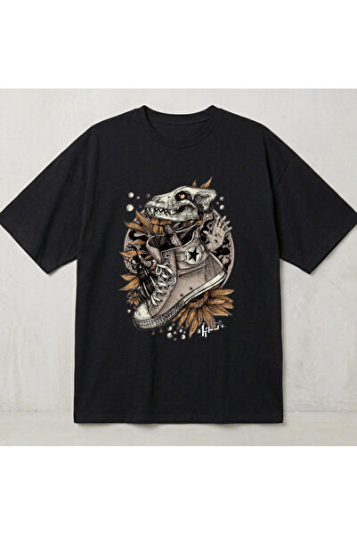 dompulerimoda Konvers Skull Printed Unisex Oversize Black T-Shirt