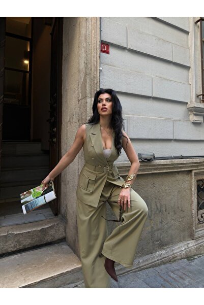 Celiora Women's Sleeveless Double-Breasted Vest Trouser Suit with Belt and Bu...