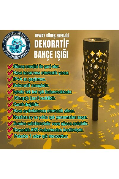 UpWay Güneş Enerjili Karanlık Sensörlü Yıldız Hilal Desenli Dekoratif Bahçe Ağaç Çim Lambası
