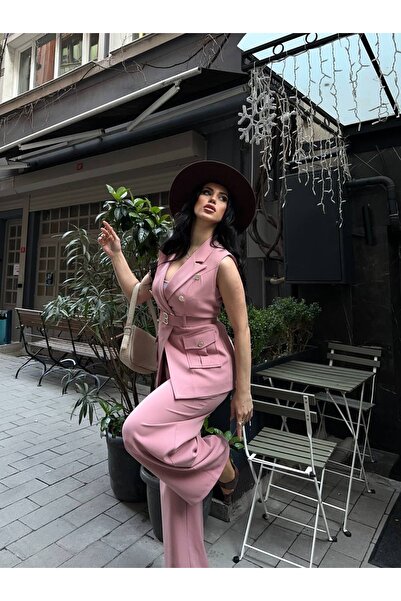 Celiora Women's Sleeveless Double-Breasted Vest Trouser Suit with Belt and Bu...