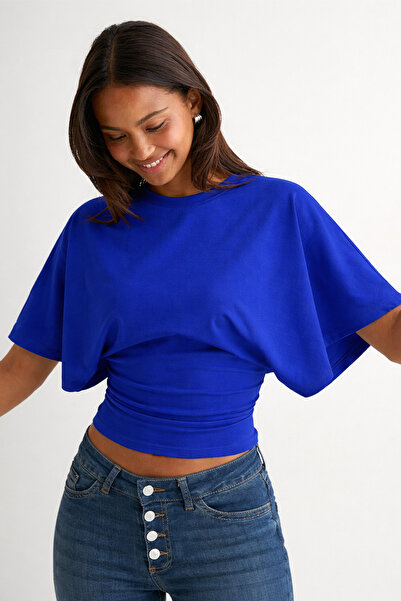 ecemore Waist-Fitted Wide-Sleeved Saks Natural Viscose Blouse