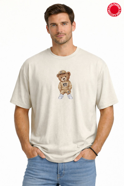 DUBU BUTİK Tricou oversize bej unisex, 100% bumbac, cu imprimeu ursuleț, NYC ...