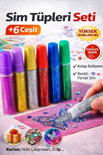 Keyfi Sepet 6’lı Sim Tüpleri Seti Renkli Parlak Sim Hobi El İşi Süsleme Glitt...