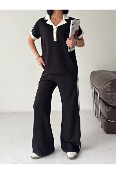 Tarzımızbir Polo Collar Stripe Detailed Top and Bottom Set
