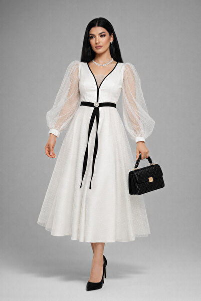 Stylish Fashion Stylish Fashion Turkish Midi Tulle Polka Dot White Dress with...