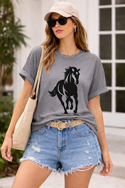 ArtYus Horse Figured Printed Unisex Oversize T-Shirt – Cotton Crew Neck Casua...