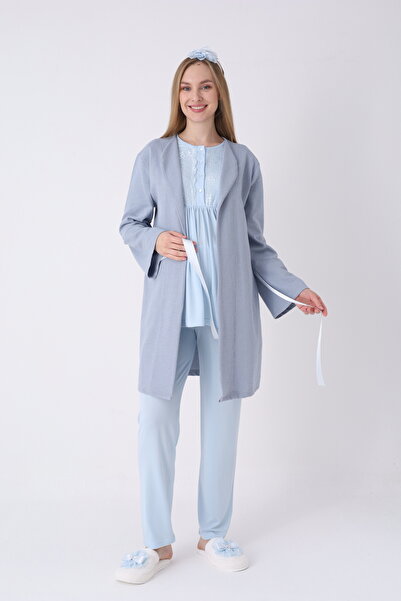 ERDENİZ TEKSTİL 3-Piece Maternity Pajama and Dressing Gown Set - Nursing-Frie...