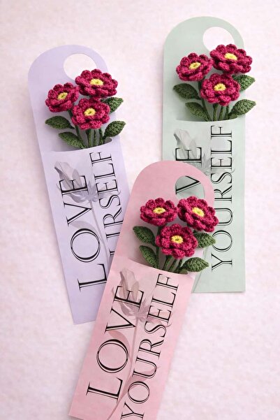 Çiçek Kartı Örgü ve Yapay Çiçekler-Hediyelik 3 ADET (11*30 cm)