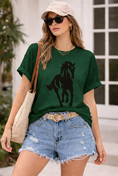 ArtYus Horse Figured Printed Unisex Oversize T-Shirt – Cotton Crew Neck Casua...