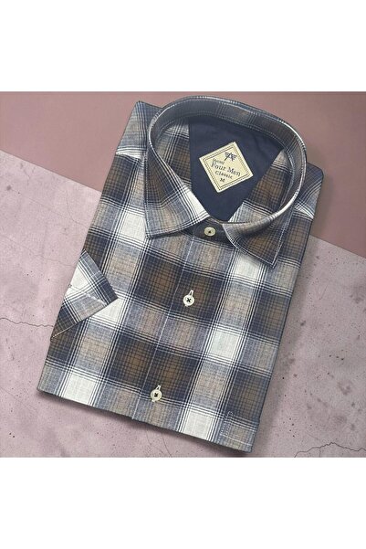 GÖMLEK GALERİSİ Classic Wide Cut Men's Plaid Short Sleeve Cotton Shirt