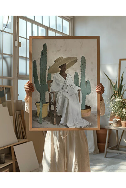 Tuba Decor Εικόνα με ξύλινο πλαίσιο ενός τεμαχίου: κάκτος και γυναίκα
