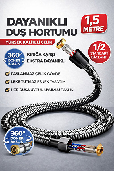 SUVİA Duş Hortumu Siyah 1.5 Metre Paslanmaz Çelik 360° Döner Başlık Kırılmaz ...