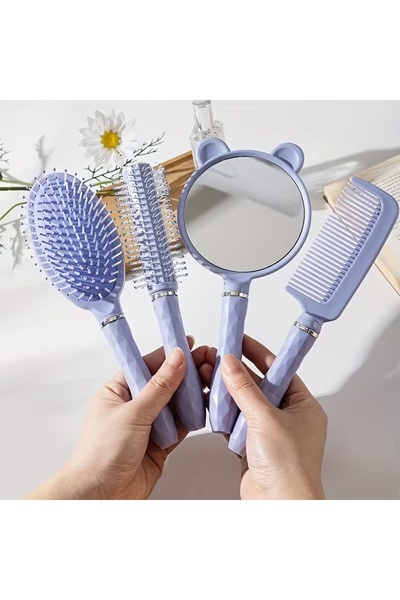 YYB مجموعة مشط وسادة مع مرآة عالية الدقة وفرشاة إبرية ومقبض بلاستيكي ومشط لتص...