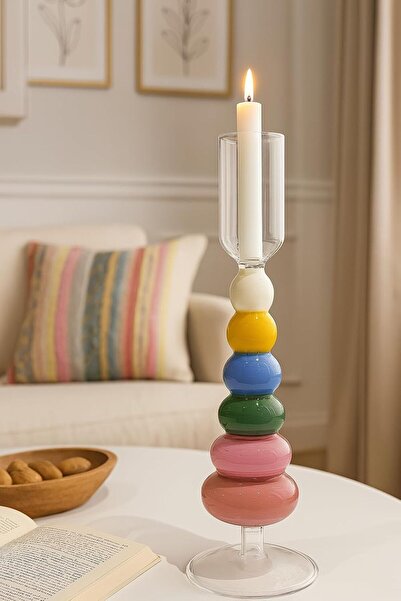 B&D Decorative Glass Candle Holder, Multi-Coloured Stacked Design, 20 cm Heig...